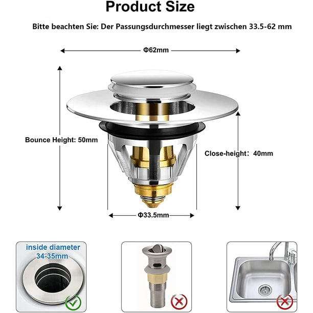 Tapón de lavabo universal Desagüe de lavabo de acero inoxidable emergente con 2 juntas para tapón de fregadero de 32 y 38 mm (1 unidad)