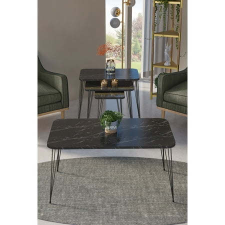Black Marble Coffee Table Set with 4 PCS,Rectangular Set With 3 Modern Nesting Tables And Coffee Table with Black 3-Rod Metal Legs,Stacking Side Tables, Set of 4 Small Accent Table End Table