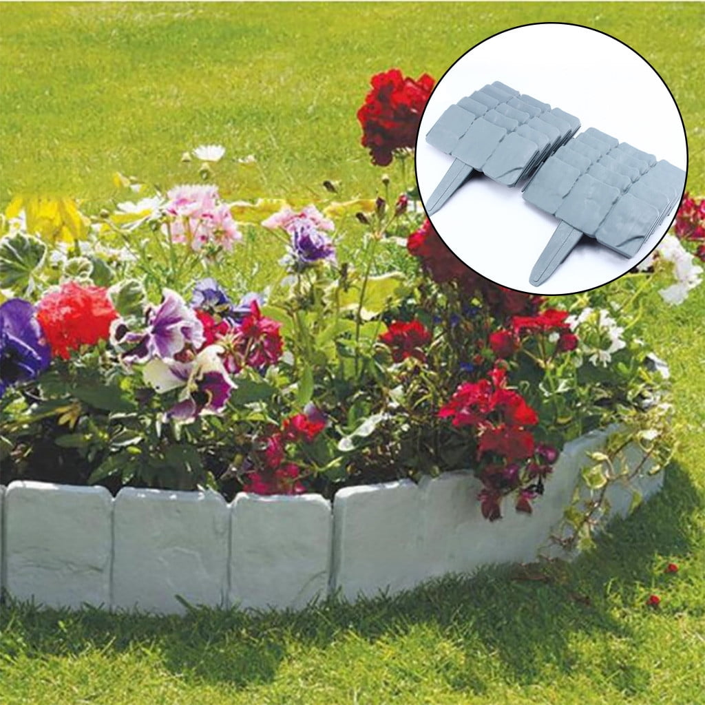 10 Pack Plastic Garden Edging, Faux Stone Landscape Border Fence for Flower Beds and Lawn, Flexible DIY Yard Edging with Trim-Free Flange (Gray, 23.5cm)