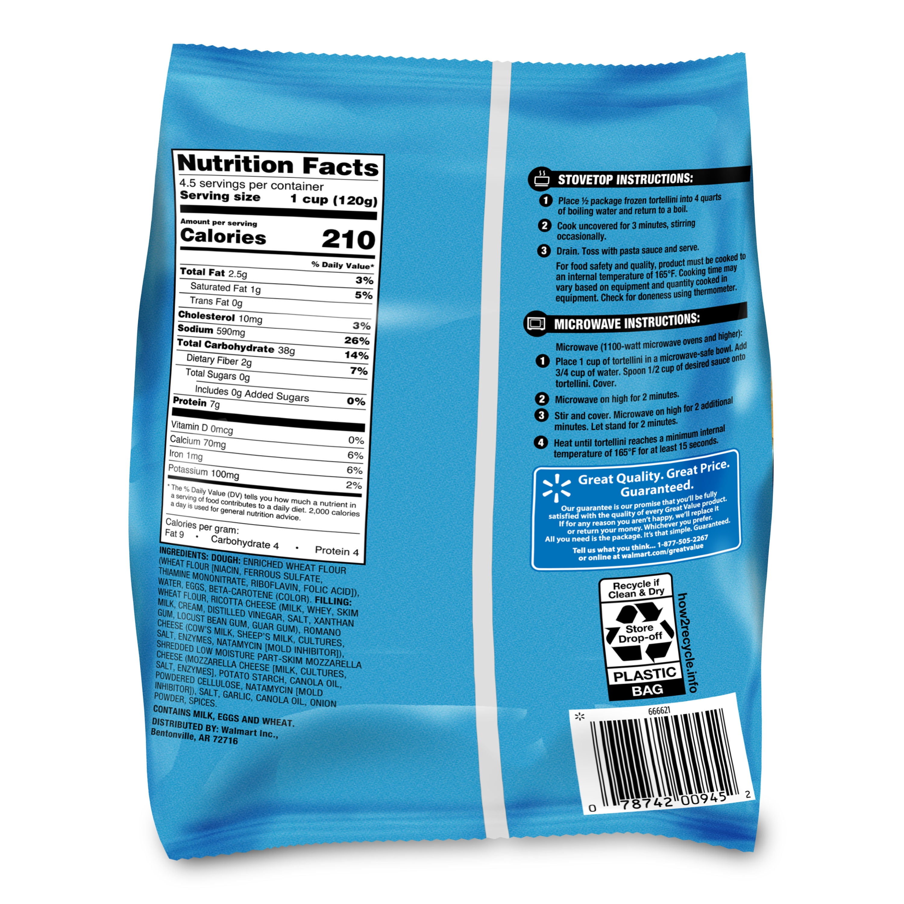Great Value Cheese Tortellini Pasta, 19 oz Bag (Frozen)