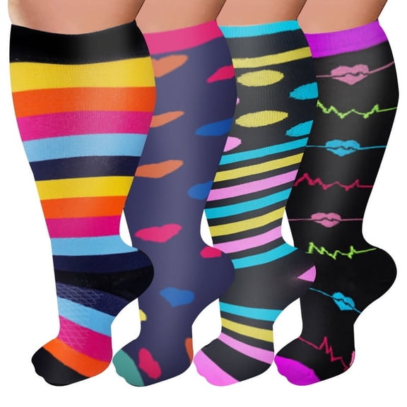 4pcs Plus Size Compression Socks for Women 15-20 mmhg Extra Wide Calf Knee High Support Socks for Circulation，3XL,Style 23