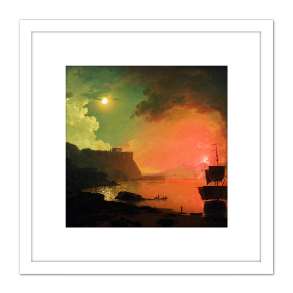Wright Derby Volcano Vesuvius Posillipo Painting 8X8 Inch Square Wooden Framed Wall Art Print Picture with Mount