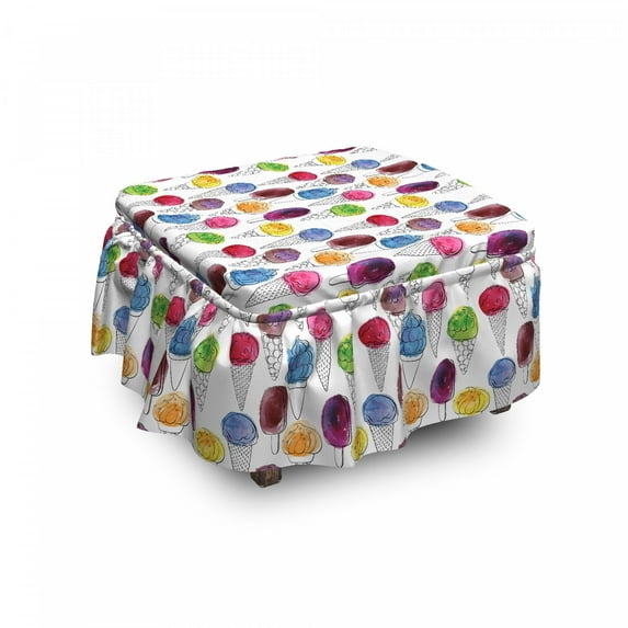 Ice Cream Ottoman Cover, Hand-drawn Watercolored, 2 Piece Slipcover Set with Ruffle Skirt for Square Round Cube Footstool Decorative Home Accent, Standard Size, Multicolor, by Ambesonne