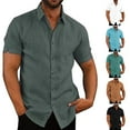 thumbnail image 3 of Chemises d'Été en Lin de Coton pour Hommes Casual Chemises à Manches Courtes Blouses Col Rabattu Solide Chemises de Plage Formelles Vêtements pour Hommes, 3 of 4