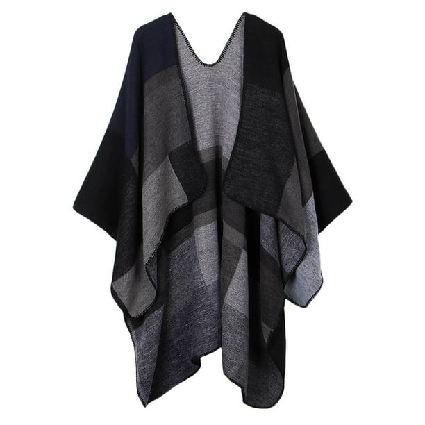 Manta de capa de bloques de color de de moda para mujer Poncho de abrigo de invierno abierto Negro Yuyangstore Capa delantera abierta para poncho