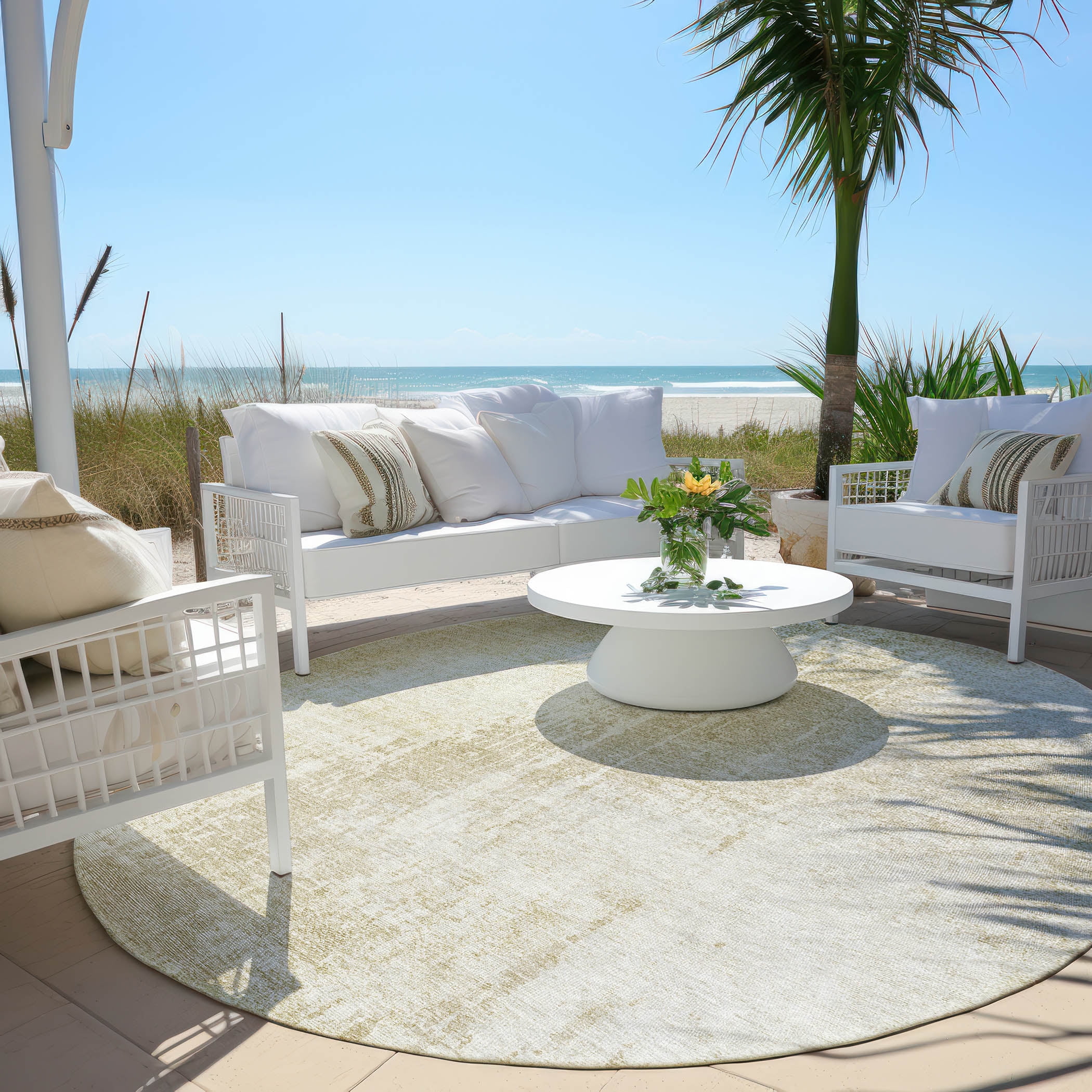 Addison Rugs Chantille Indoor/Outdoor Transitional Modern Beige Washable Round Rug, 8' x 8'