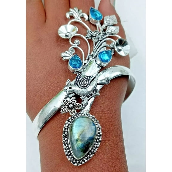 925 Sterling Silver Labadorite &Topaz Gemstone Handmade Jewelry Bracelet