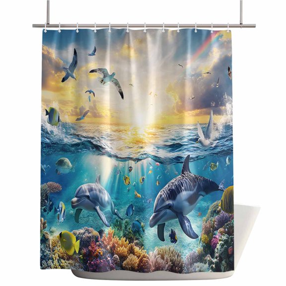 Shower Curtains for Bathroom-72"x72",Underwater World Dolphins Seagulls Waterproof Bath Curtain Grommet Shower Curtain Set with Hooks,Tropical Ocean Marine Life Washable Bath Accessories