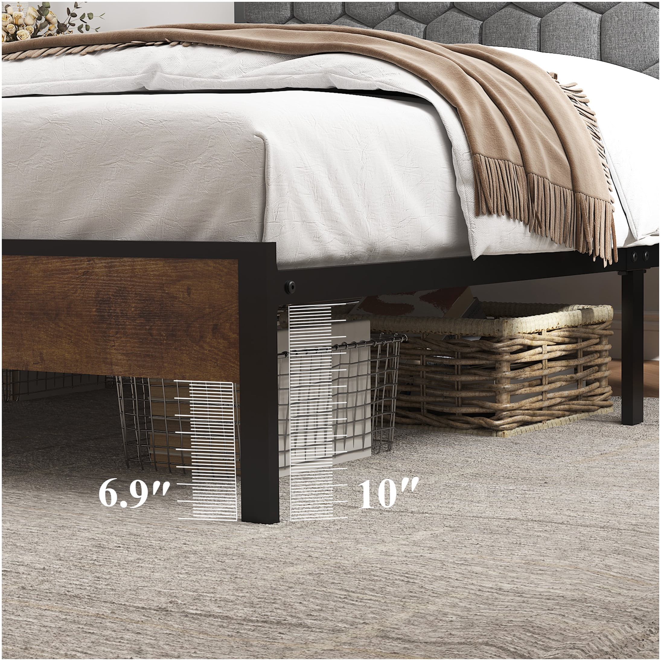 Queen Upholstered Storage Bed Frame with USB Charging, Vintage Brown Platform Bed, Noise Free, No Box Spring Needed
