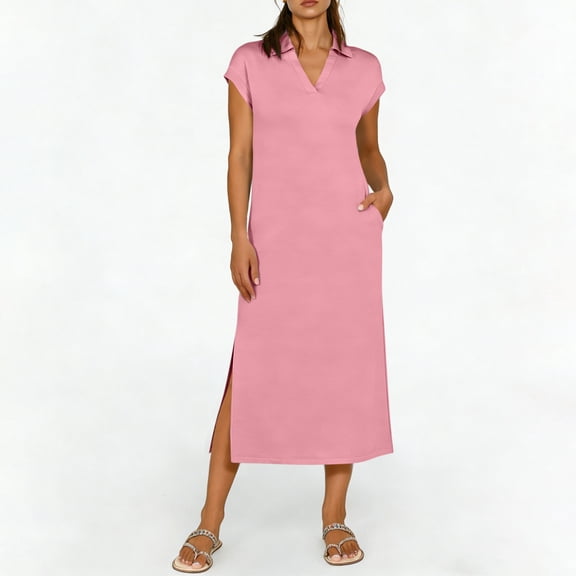 dazeni Womens Elegant Cap Sleeve Long Dresses Lapel V Neck Summer Dress Side Slite Casual Dress with Pockets