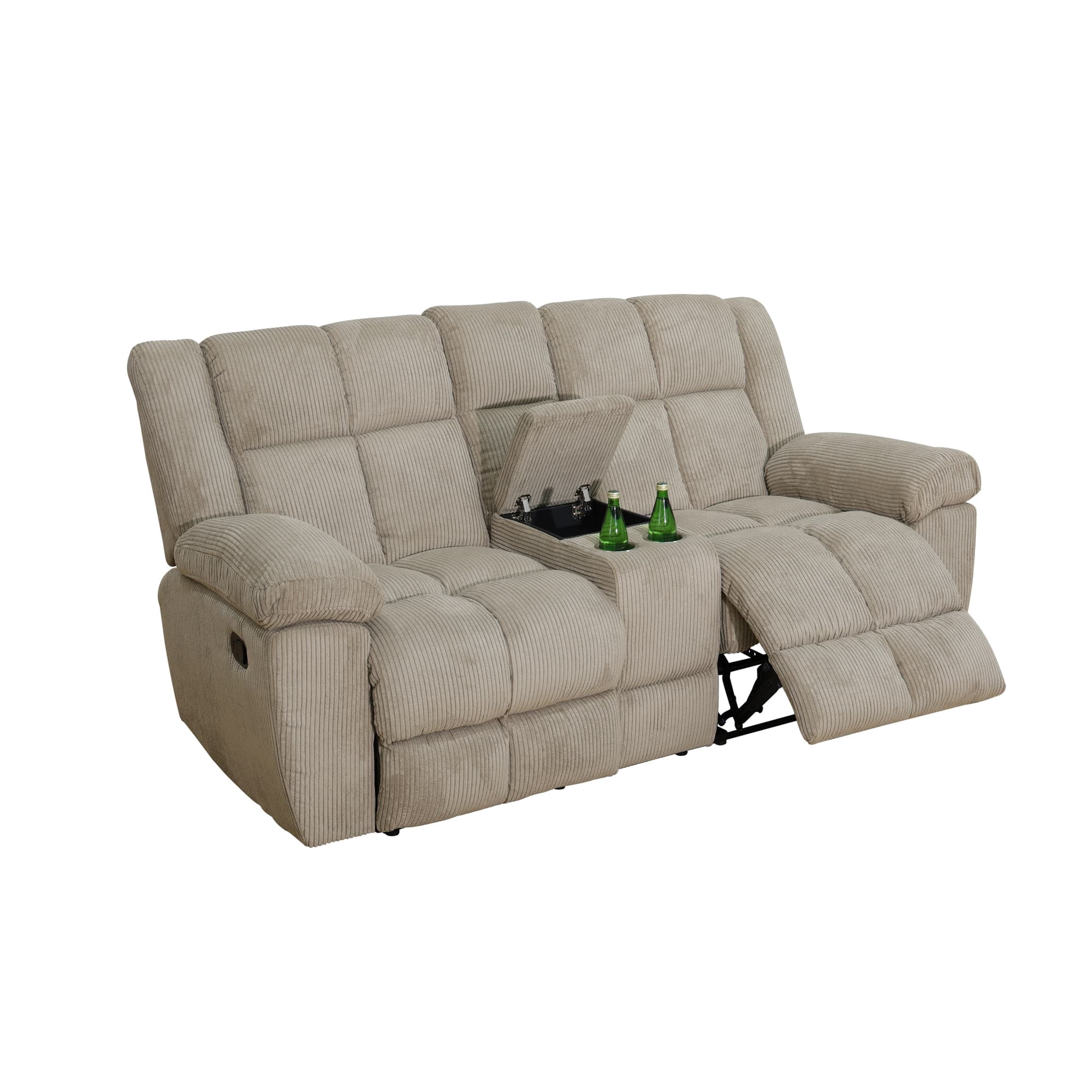 MAYEERTY Reclining Loveseat, 2-Seat Corduroy Fabric Recliner with Storage & Cup Holders for Living Room, Beige
