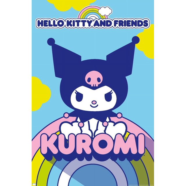 Hello Kitty and Friends Kuromi Affiche Mettant en Vedette un Personnage de Dessin Animé Sanrio Centré avec un Chapeau de Bouffon Noir, un Crâne Rose, un Visage Blanc et des accents Roses, au-Dessus d'Un Texte « Kuromi » Rose Audacieux sur un Fond Arc-en-Ciel pastel et Ciel Bleu avec des Nuages Jaunes, Convient comme art Mural pour Chambre d'Enfant.