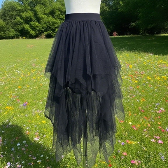 MAIHAN-Women's Asymmetrical Mesh Midi Skirt - High Waist Tiered Layered Skirt with Front Short Back Long Design,Skirts for Women(Black)