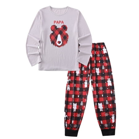 

One opening Christmas Fashion Family Parent-child Pajamas Cute Polar Bear Print Top and Elastic Plaid Trousers Two Piece Set