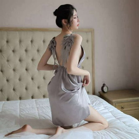 YCNYCHCHY Sexy With Wings Nightgowns Backless Night Gown Deep V Lingerie Dress Women Clothing Ladies Silk Sleepwear