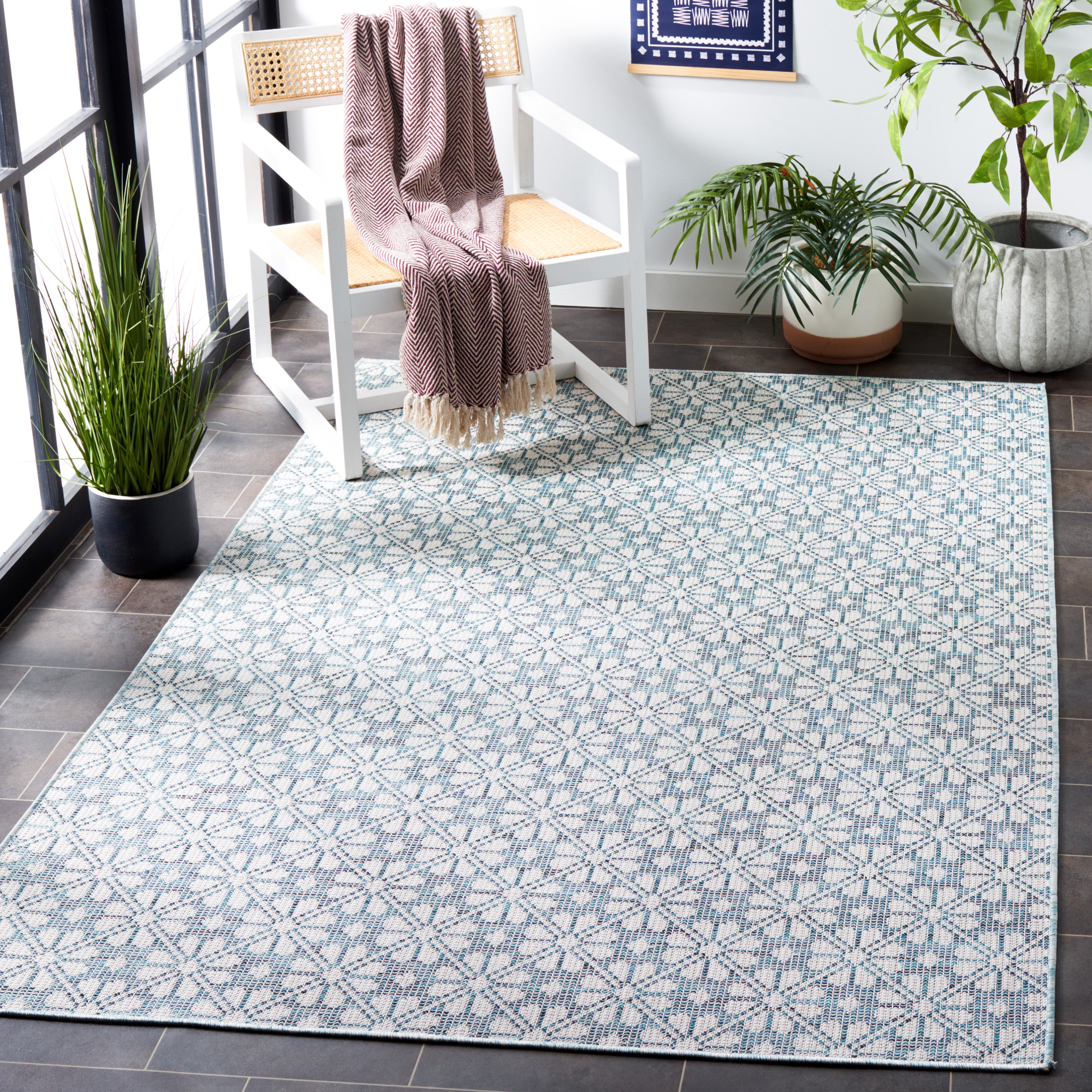 SAFAVIEH Martha Stewart Hampton Diamond Indoor/Outdoor Area Rug, Blue/Beige, 8' x 10'