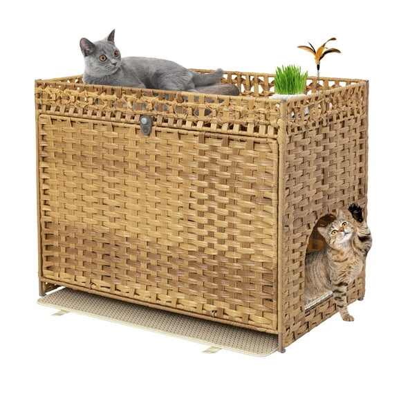 Cat Litter Box Enclosure Furniture Hidden with Soft Mat Handwoven Rattan Cat House with Door for Large Cats Stylish Hidden Washroom Furniture for Living Room Bedroom or Balcony Natural