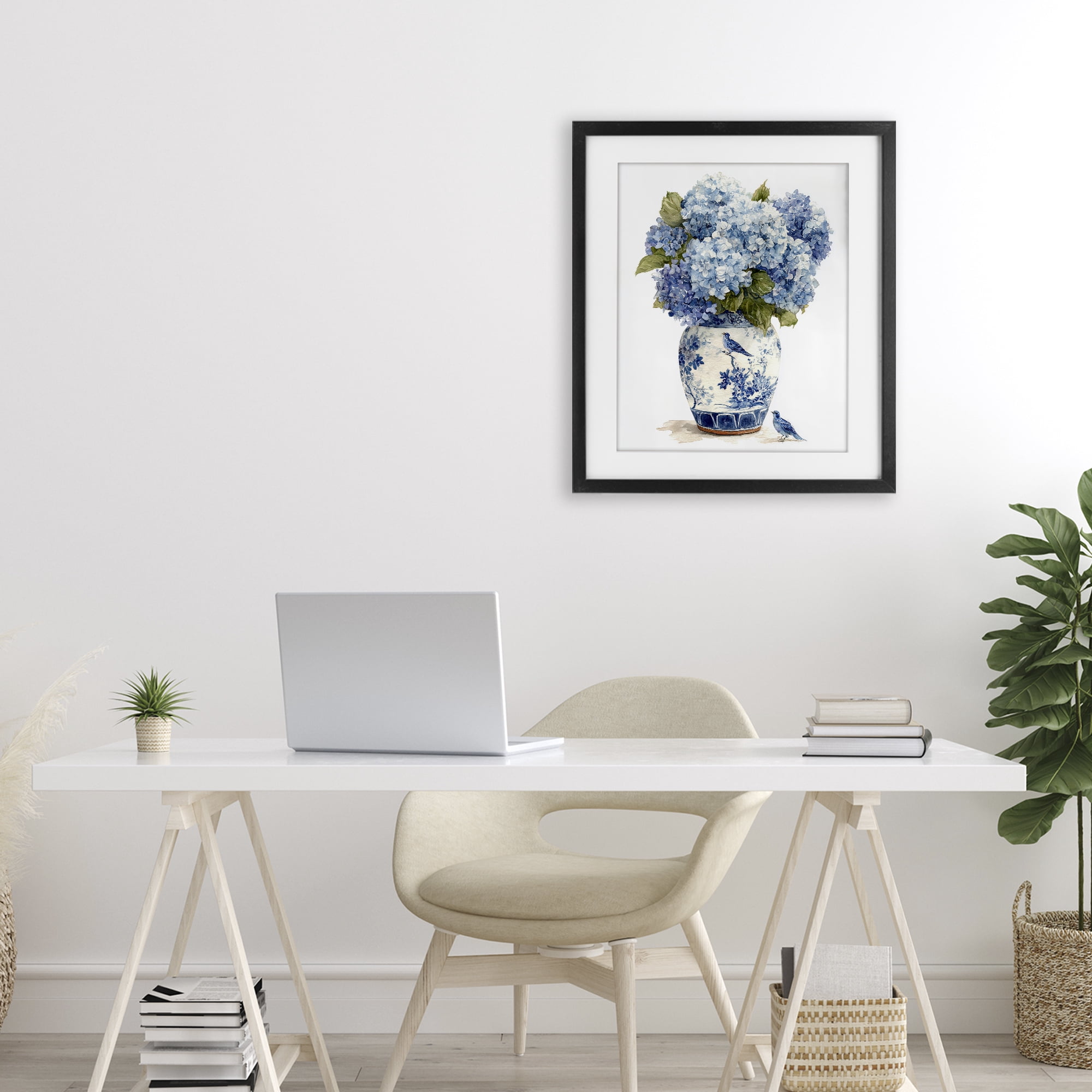 Stupell Industries Blue Bird & Hydrangea Vase Black Framed Print Under Glass, design by Imagine It Images