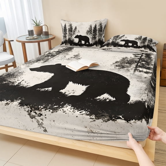 Cal.King Size Fitted Sheet Set - Black Bear 3 Piece Bedding Sets 16" Deep Pocket Fitted Sheet with 2 Pillowcases, Vintage Rustic Wildlife Forest Woodland Brushed Microfiber Hotel Luxury Bed Sheets
