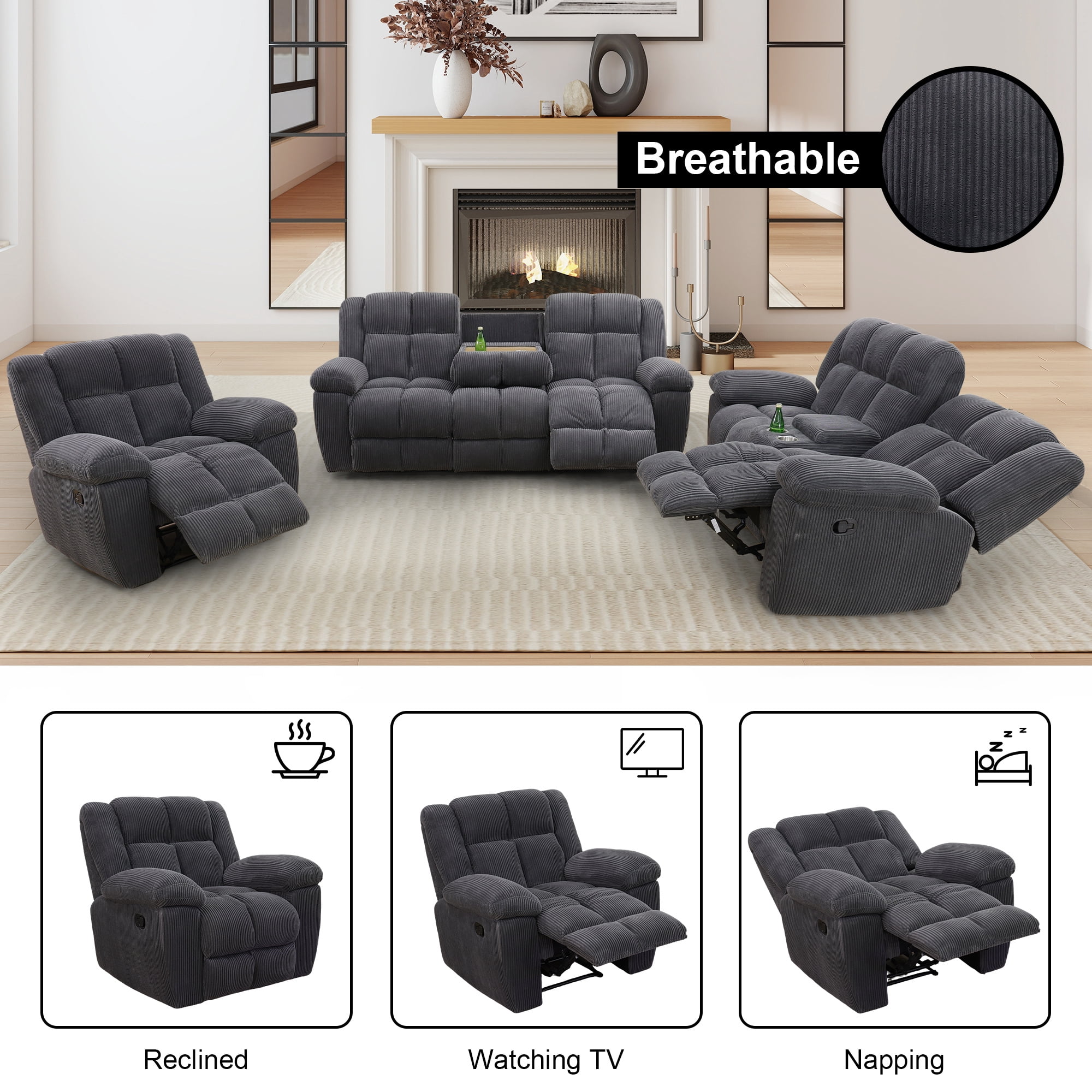Aukfa 3-Piece Recliner Sofa Set, Oversized Armchair+Loveseat +3 Seat Sofa, 2 Cup Holders&Storage Console, Corduroy, Gray