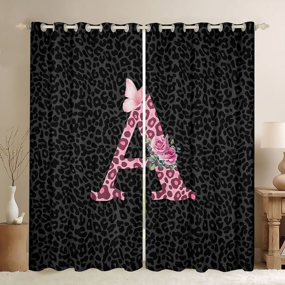 jejeloiu Letter A Monogrammed Black Out Curtains,Pink Leopard Print Curtains Pack of 2 (42x63 Each) For Girls Kids