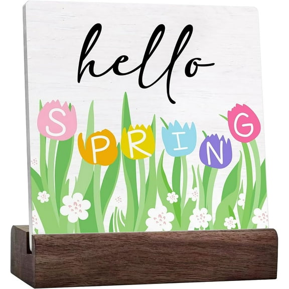 Spring Decor Hello Spring Ceramic Table Sign Home Desk Tabletop Shelf Decor Farmhouse Spring Decorations