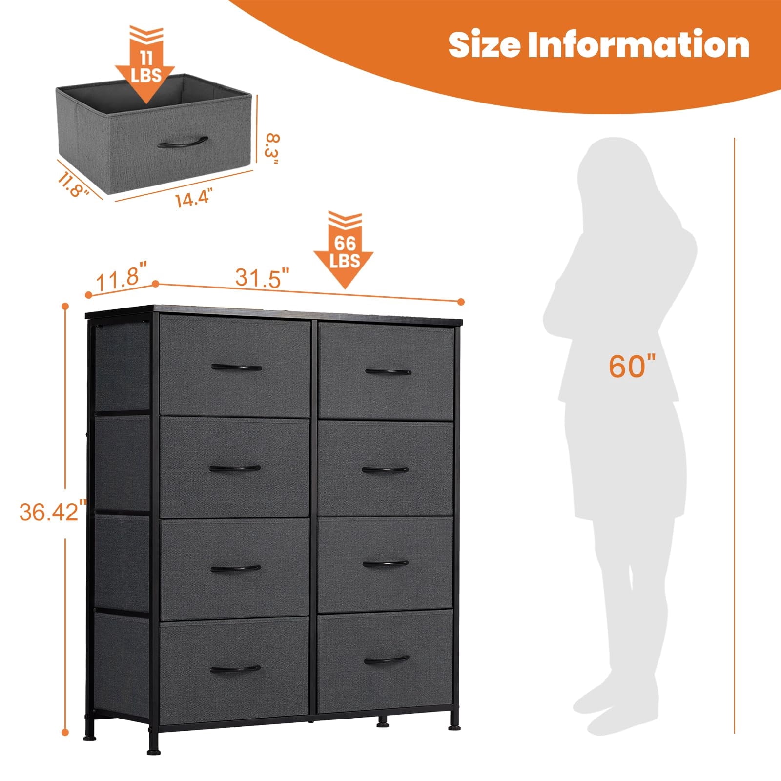 Telyra 8-Drawer Fabric Dresser Tall Storage Tower with Wood Top and Steel Frame Bedroom Closet Organizer, Gray