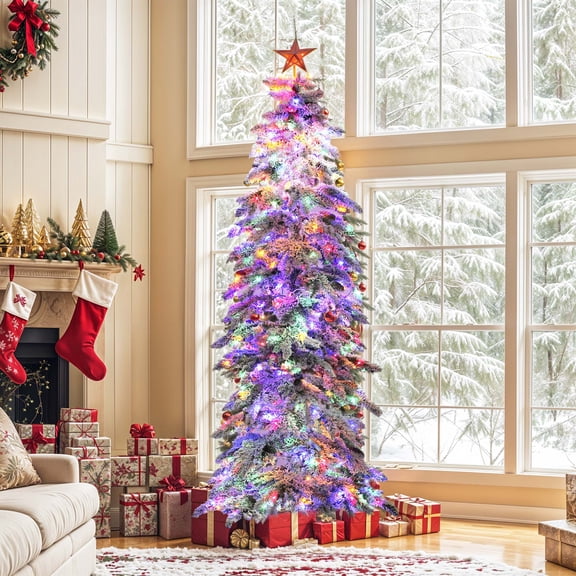 ModFusion 11ft White Flocked Pencil Christmas Tree with 700 Warm LED Lights, 2288 PVC Branch Tips, Pine Cones, Remote Control & 11 Lighting Functions