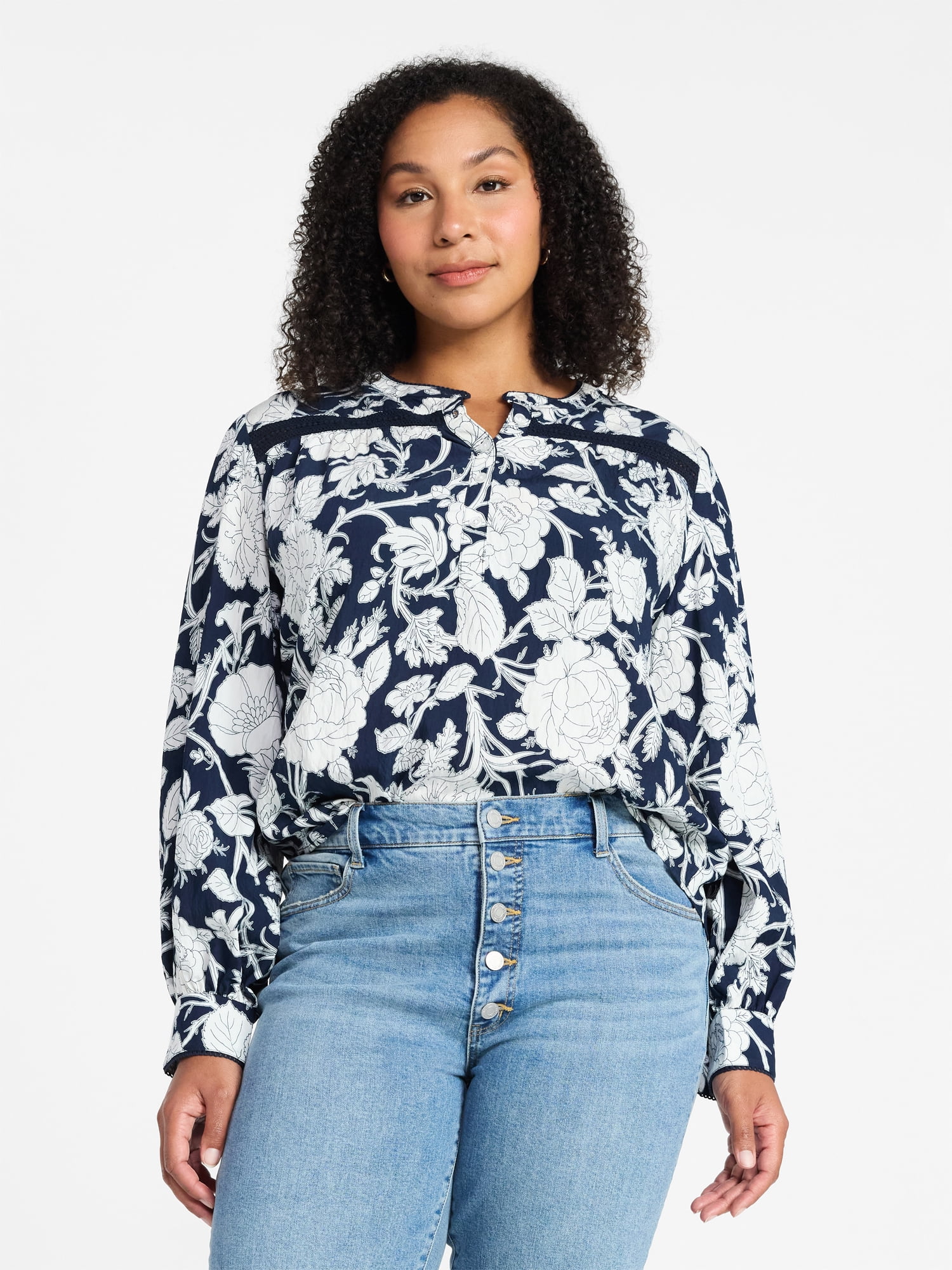 Time and Tru Women's Lace Yoke Shirt with Long Sleeves Sizes XS-XXXL