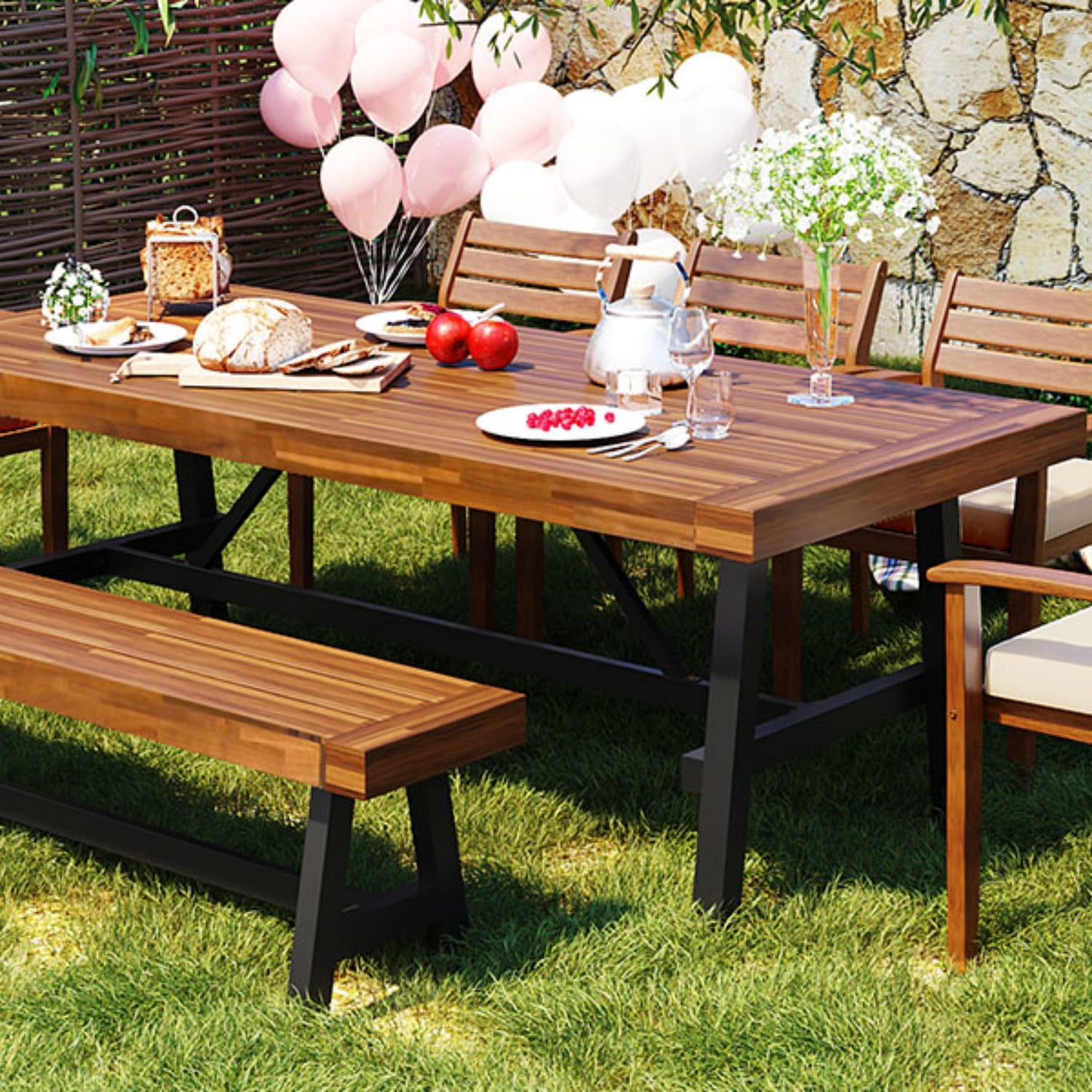HighSound 7 Piece Outdoor Wood Dining Set, Patio Dining Table with Bench & Chairs for 7-8 Persons, Garden Club Dining Set for Backyard, Natural