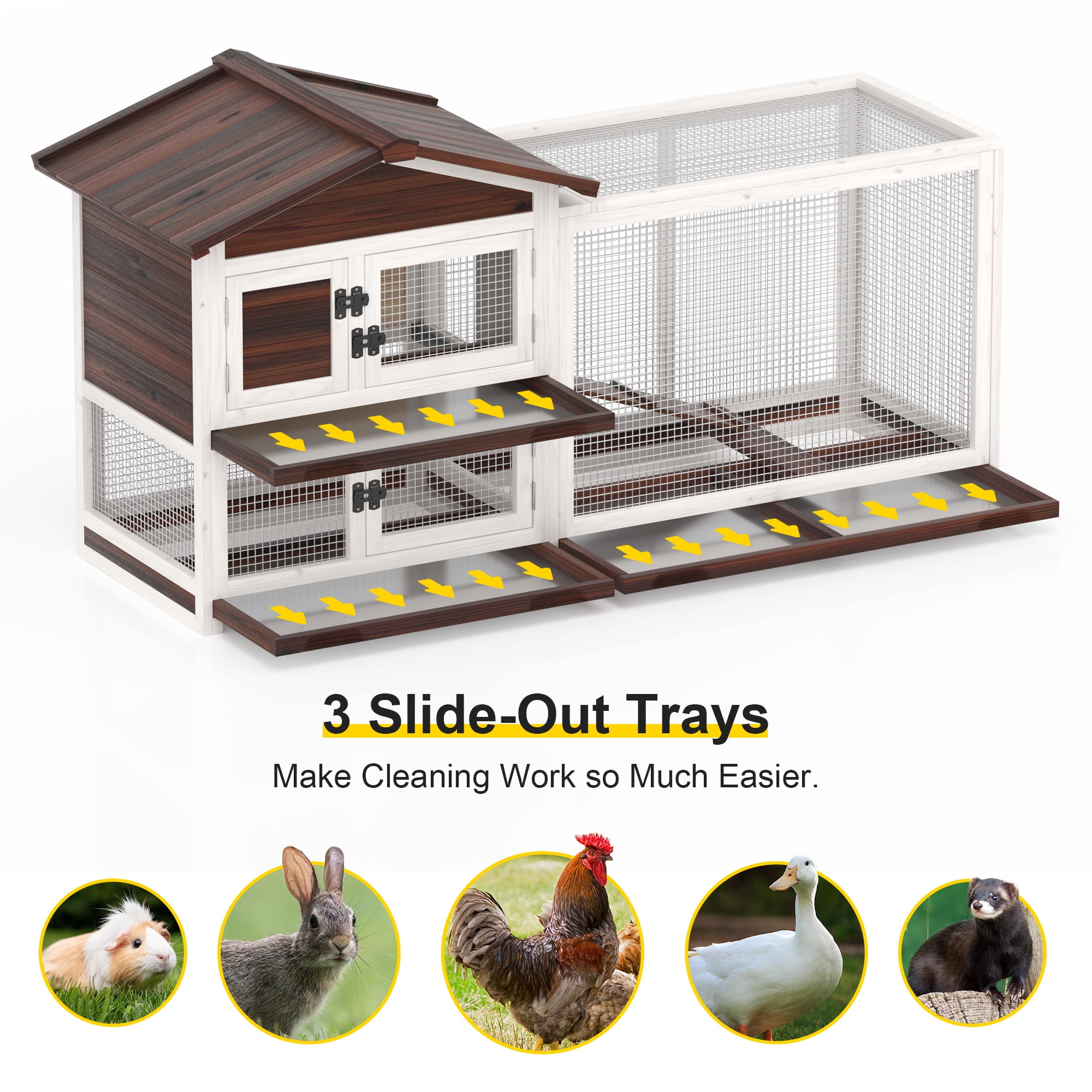 GOOJOASIS Rabbit Hutch Indoor, Chicken Coop Outdoor with 3 Removable Tray 2 Story Rabbit House with Large Running Cage & Ramp