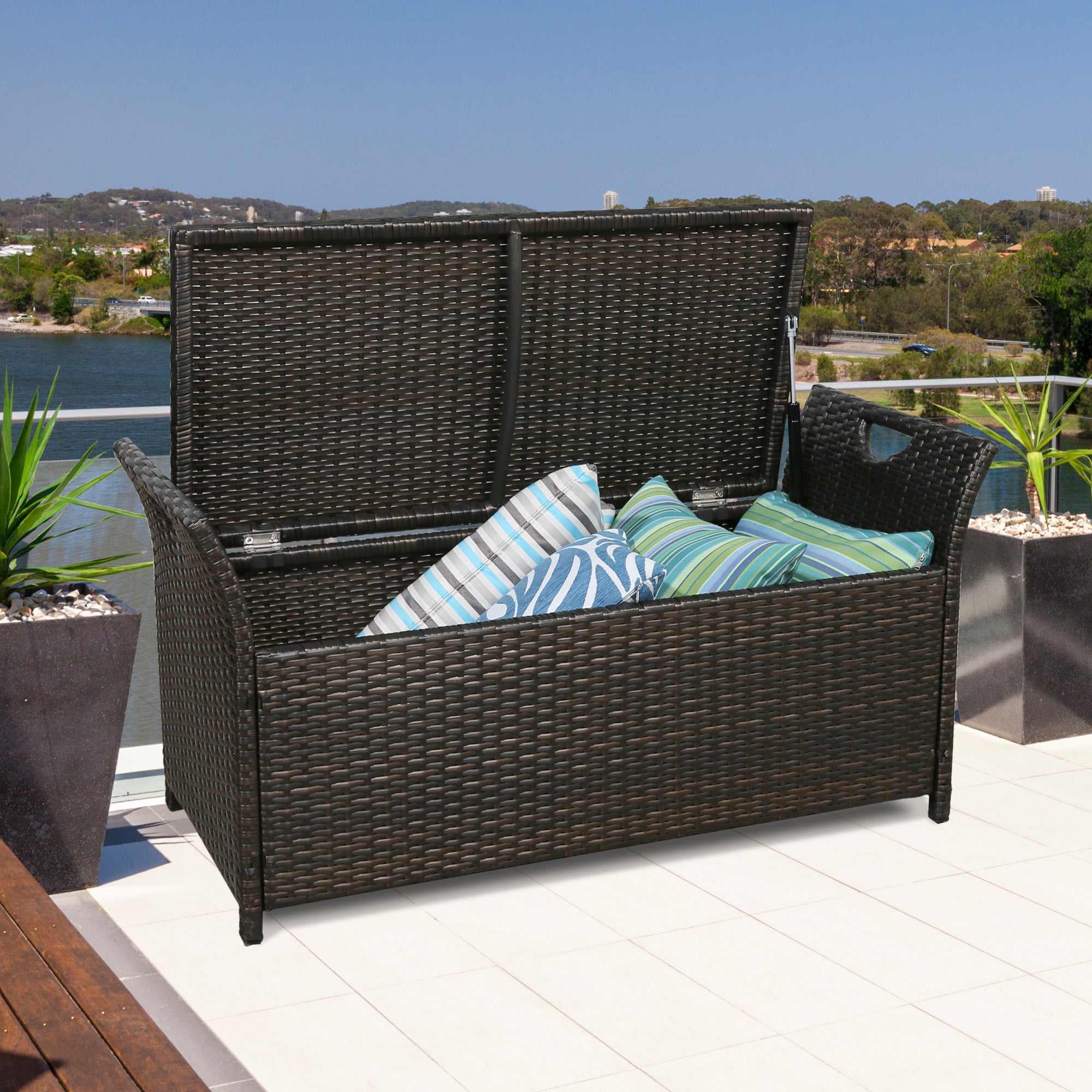 Ulax Furniture Patio Wicker Storage, Outdoor Wicker Storage Bench With Cushion