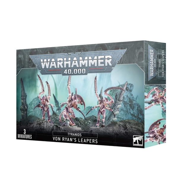warhammer games workshop: 40.000 tiránidos de ryan's leapers caja con 3 miniaturas sin pintar que muestra tres tropas de tiránidos erguidas con largas colas curvas y apéndices tipo mantis sobre un paisaje rocoso, empaque con logo Warhammer 40,000; requiere montaje y pintado, recomendable Citadel Colour y Citadel Plastic Glue; a menudo se usan como unidades de movimiento rápido en flotas colmena.