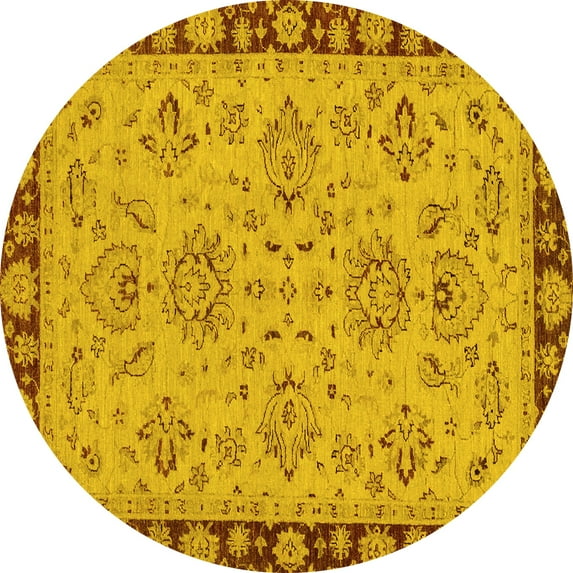 Ahgly Company Machine Washable Indoor Round Oriental Yellow Traditional Area Rugs, 8' Round