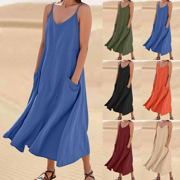 SMihono Summer Dresses for Women 2025,Spaghetti Strap Linen Dress Women Boho Dressy Casual Beach Vacation Maxi Dresses Black M