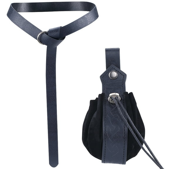 1Set Men's Viking PU Leather Belt Chain with Belt Pouch Renaissance, Waist Belt with Iron Findings, Black, 64 inch(162.6cm)