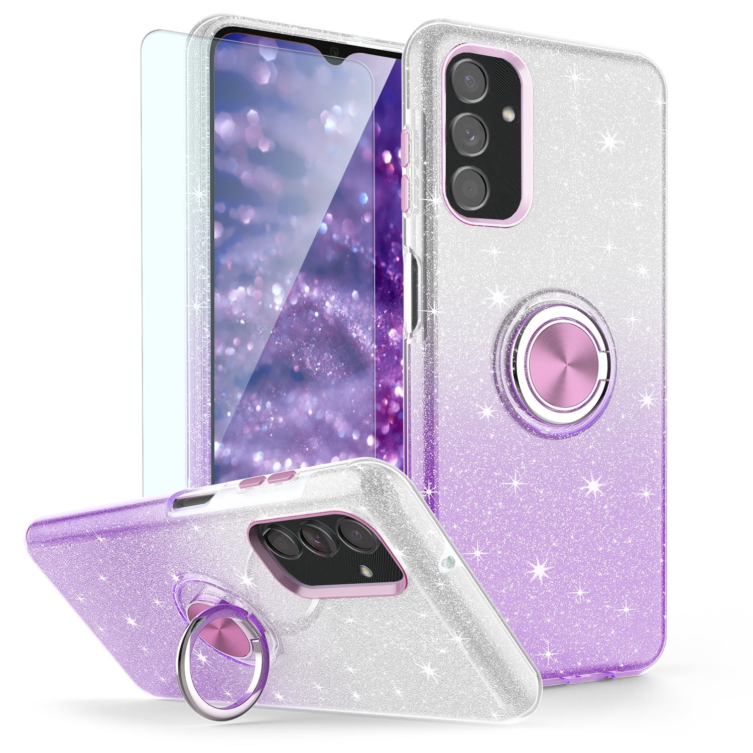 TJS for Samsung Galaxy A16 5G Phone Case, with Tempered Glass Screen Protector, Two Tone Shinny Glitter Metal Ring Magnetic Support Kickstand Cover for Galaxy A16 5G (Purple)