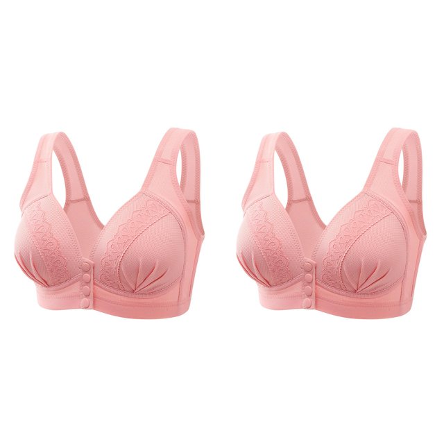 (2-Pack) 2025 Womeny Lace Front Womens Wireless Bra Button Shaping Cup Shoulder Women Bras Plus Size Front Closure Strap Large Size Underwire