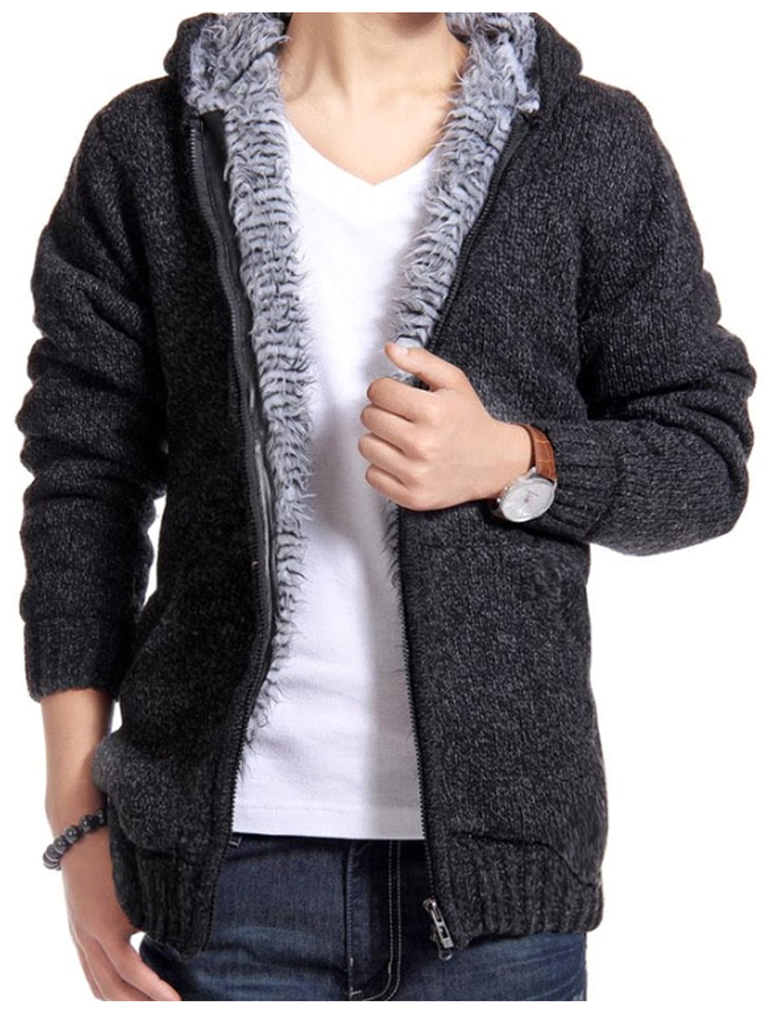 Fashion Slim Fit Men Fur Lined Thicken knitted sweater Knitwear Cardigan Coat