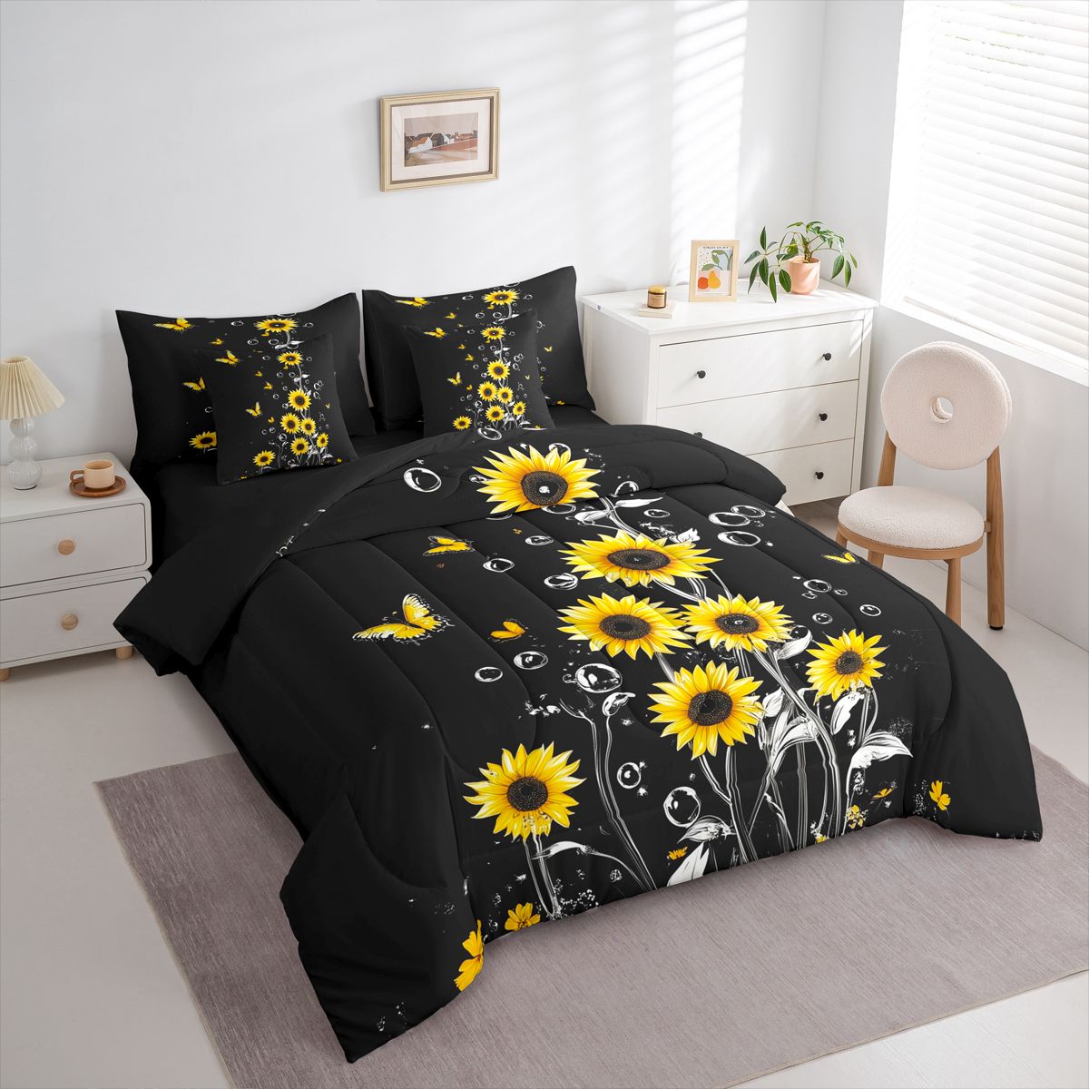 Homewish Country Sunflower Flower 7-Piece Bedding Comforter Set,Cute Cartoon Butterfly King Bedding Sets,Yellow Black Bed Sheets For Girls Kids,Breathable Home Decor Reversible