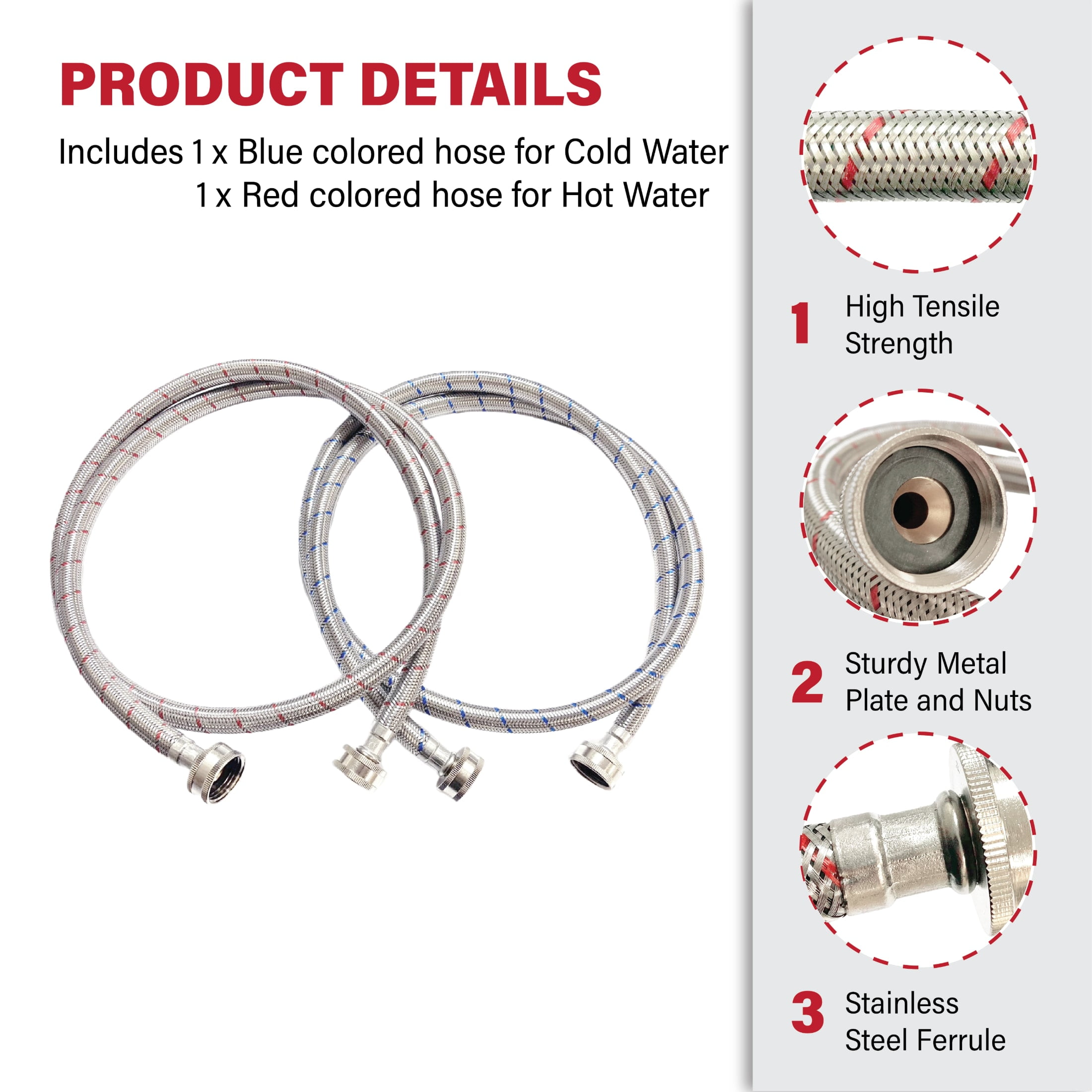 Dr. Rooter 5 Foot Premium Stainless Steel High Efficiency Hose 2 Pack, 45% Faster Flow Rate