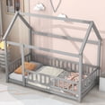 thumbnail image 2 of Modern Twin Size Montessori Floor Bed with House Roof Frame, Fence Guardrails and Opening, Grey, 2 of 8