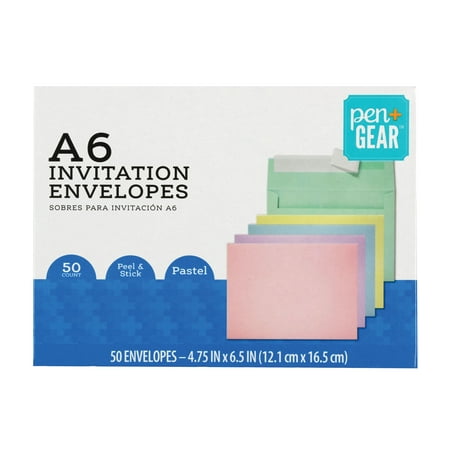 PEN+GEAR invitation Envelopes, (4 3/4 in. X 6 1/2 in), Assorted Pastel Colors, Peel & Stick, 50 per box