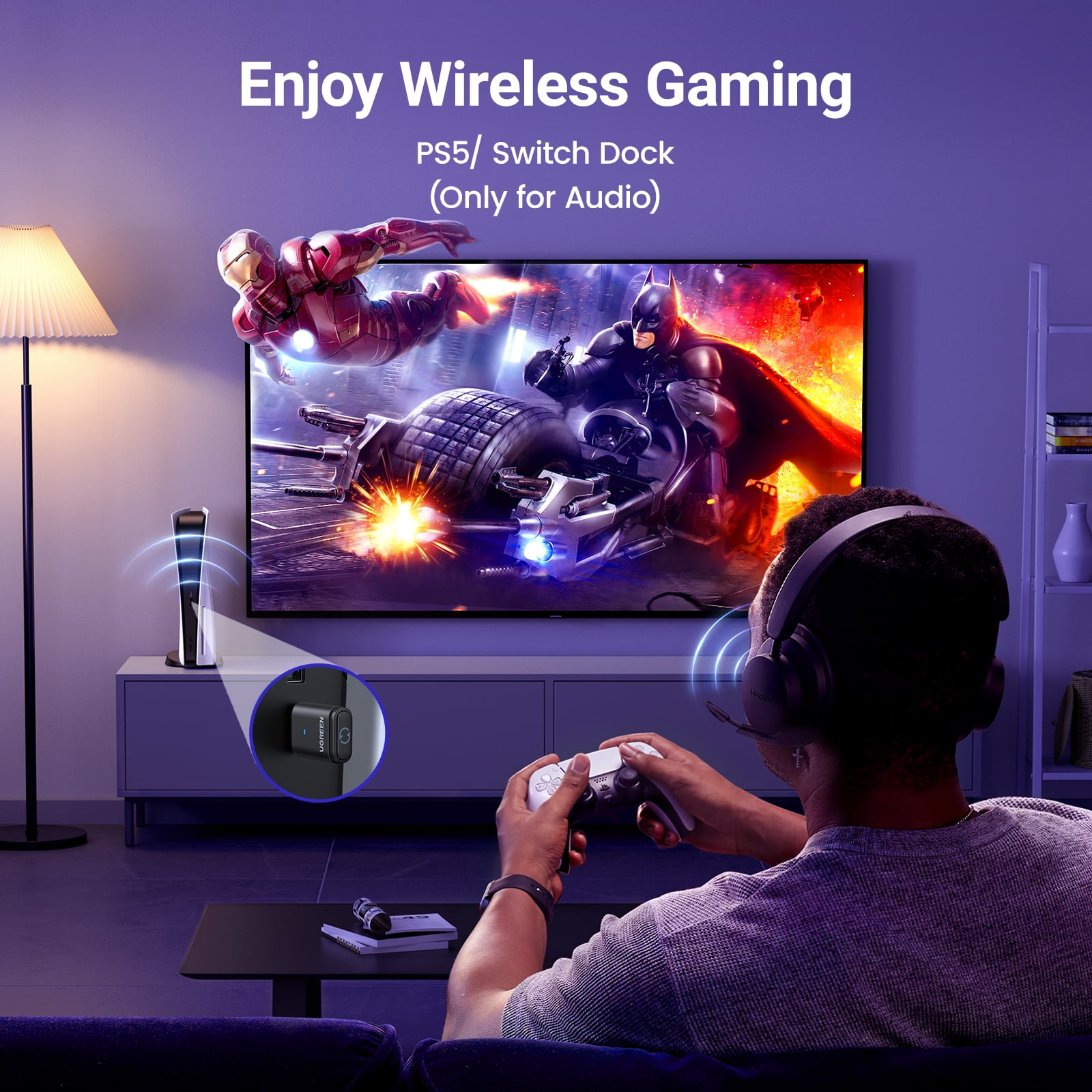 UGREEN Bluetooth 5.3 Adapter for PS5 & Gaming, Compatible with USB-C Devices, APTX Low Latency Audio for Wireless Headphones