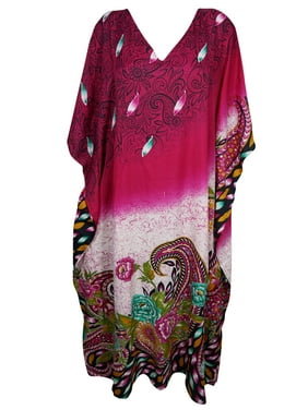 Mogul Beautiful Maxi Caftan Pink Floral Print Kimono Sleeves Beach Wear House Dress One Size