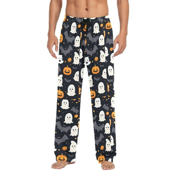joogoo Men's Pajama Pants Halloween Ghosts and Bats Pumpkins Cotton Long Sleepwear Lounge Pants L