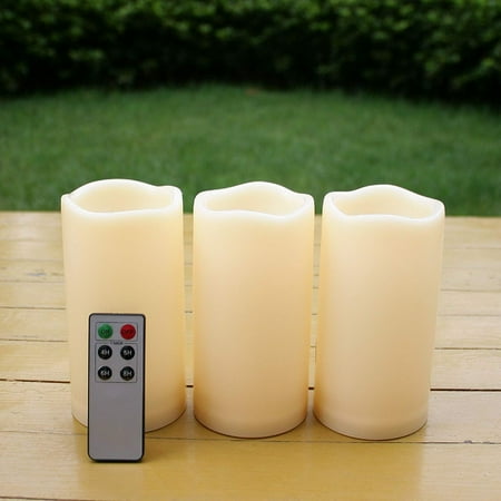 Led Outdoor Candles Waterproof Outdoor Flameless LED Candles - with Remote and Timer Realistic Flickering Battery Operated Powered Electric Electronic Plastic Resin Pillar Candles 3-Pack 3”x 6” ()