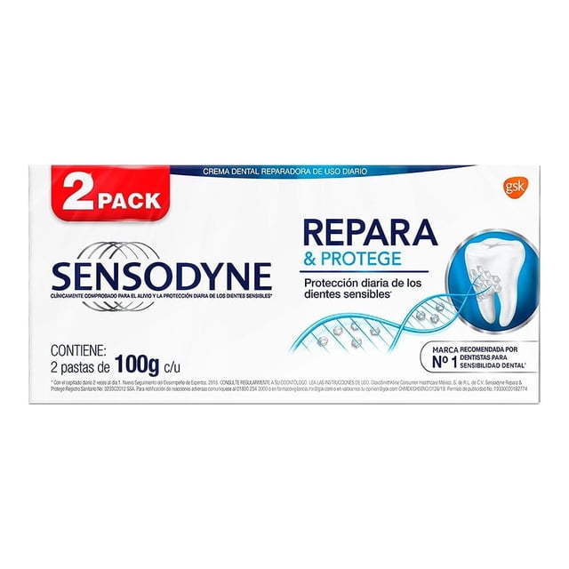 Pasta dental Sensodyne para sensibilidad repara & protege blanqueador 2 pzas 100 g c/u
