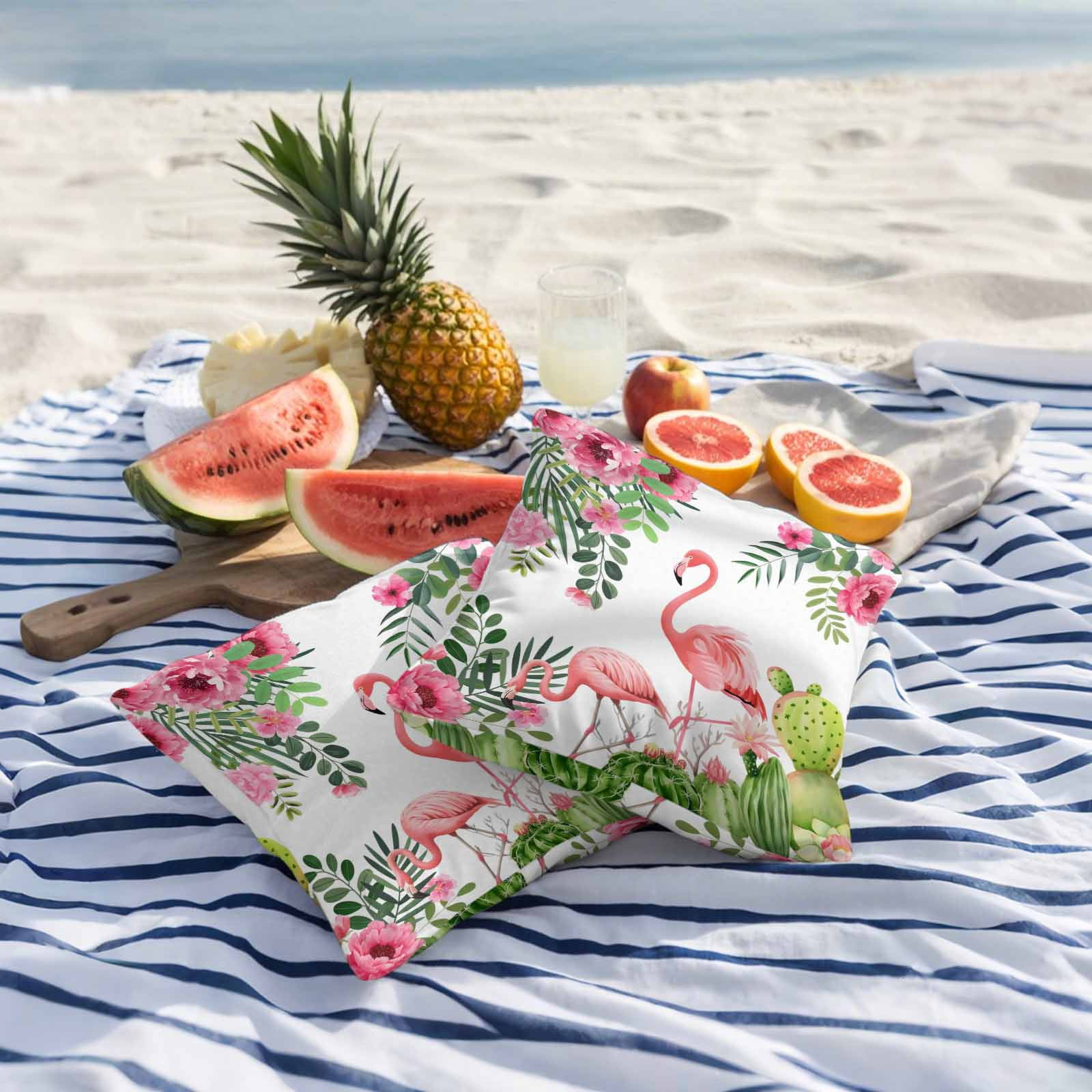 Outdoor Waterproof Throw Pillow Covers Set of 2 Pink Floral Flamingos Decorative Pillowcases Square Outdoor Pillows Cushion Case 16x16 Inch Summer Tropical Cactus Patio Pillows for Couch Sofa Bed