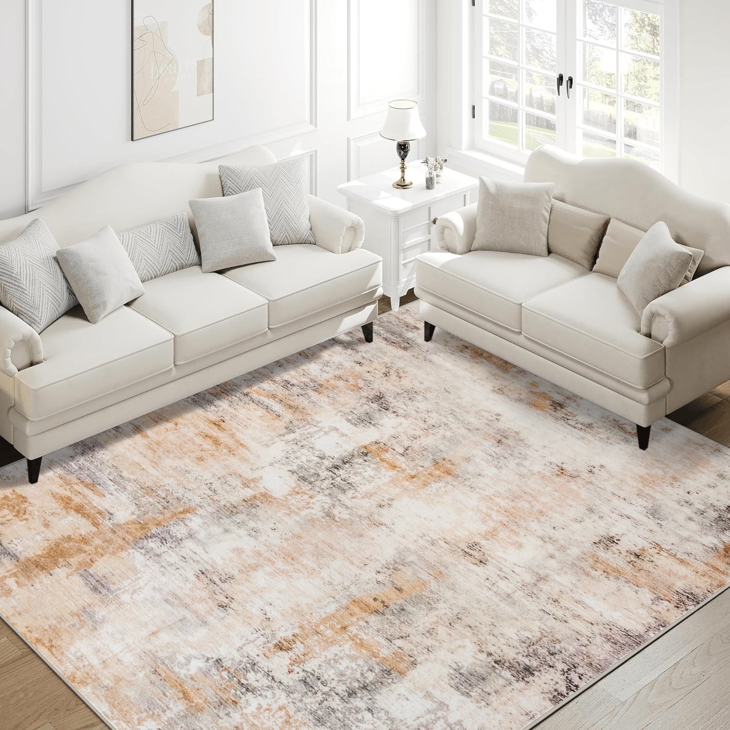 Wondo Modern Abstract Area Rugs 4x6, Washable Rugs for Living Room Soft Rugs for Bedroom, Khaki